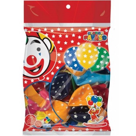 bolsa de globos polka estrella, globos impresos con estrellas, marca payaso