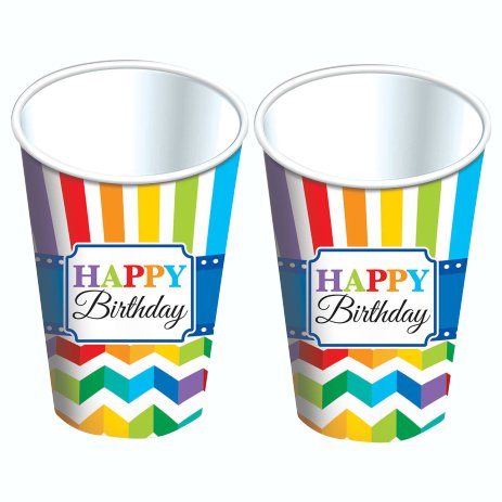Vasos de carton happy birthday, tema bright, para fiestas