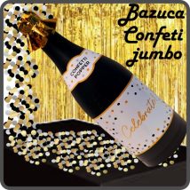 bazuca en forma de botella con confeti dorado negro y plata